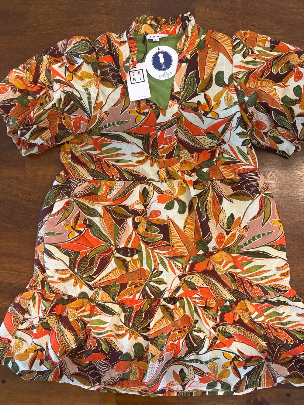Women’s THML Indigo Leaf-Print Tiered Dress in Orange, Green & Brown